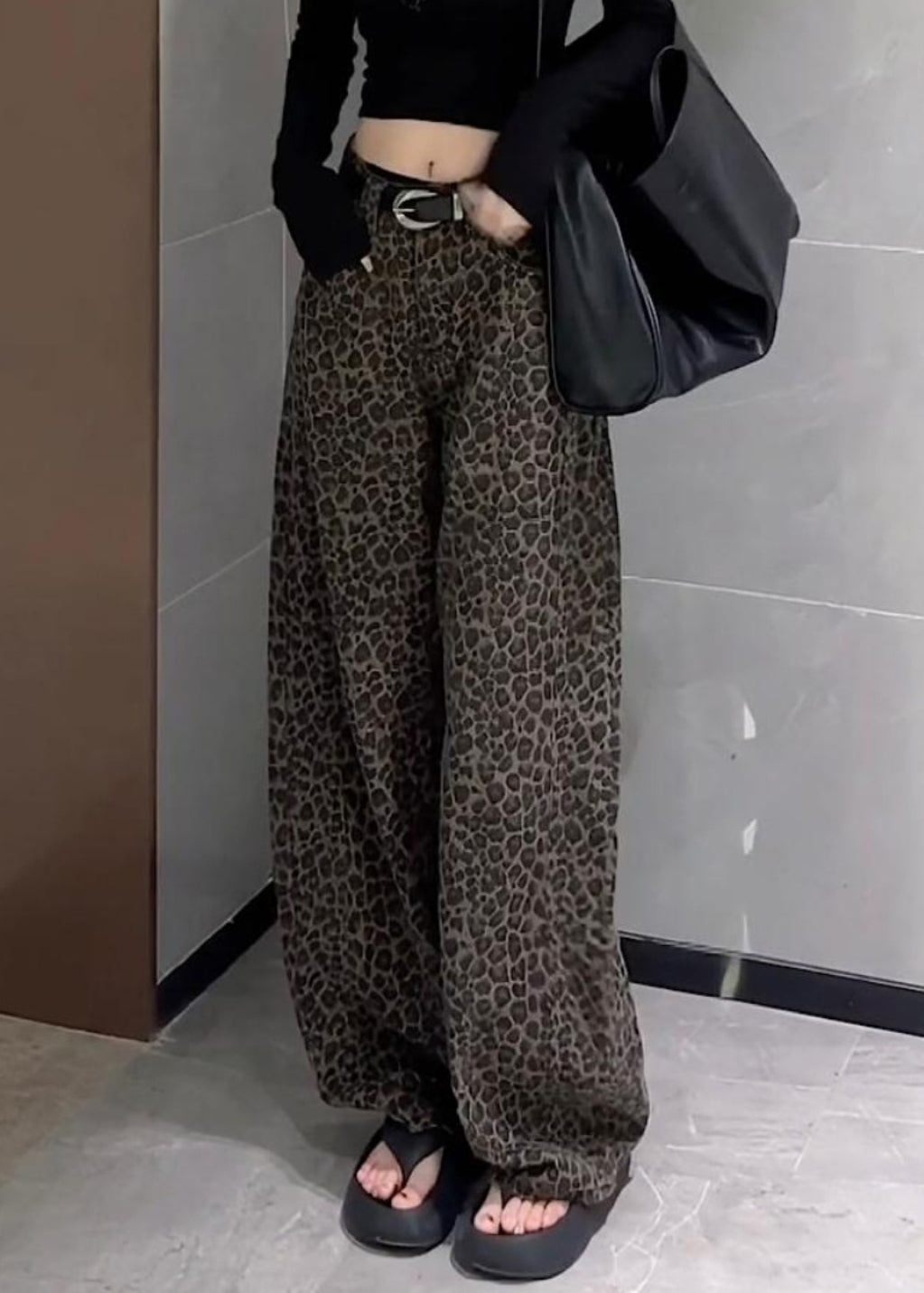 Pants Denim Waist Pockets Leopard Wide Leg High Fall Unique FashionChic