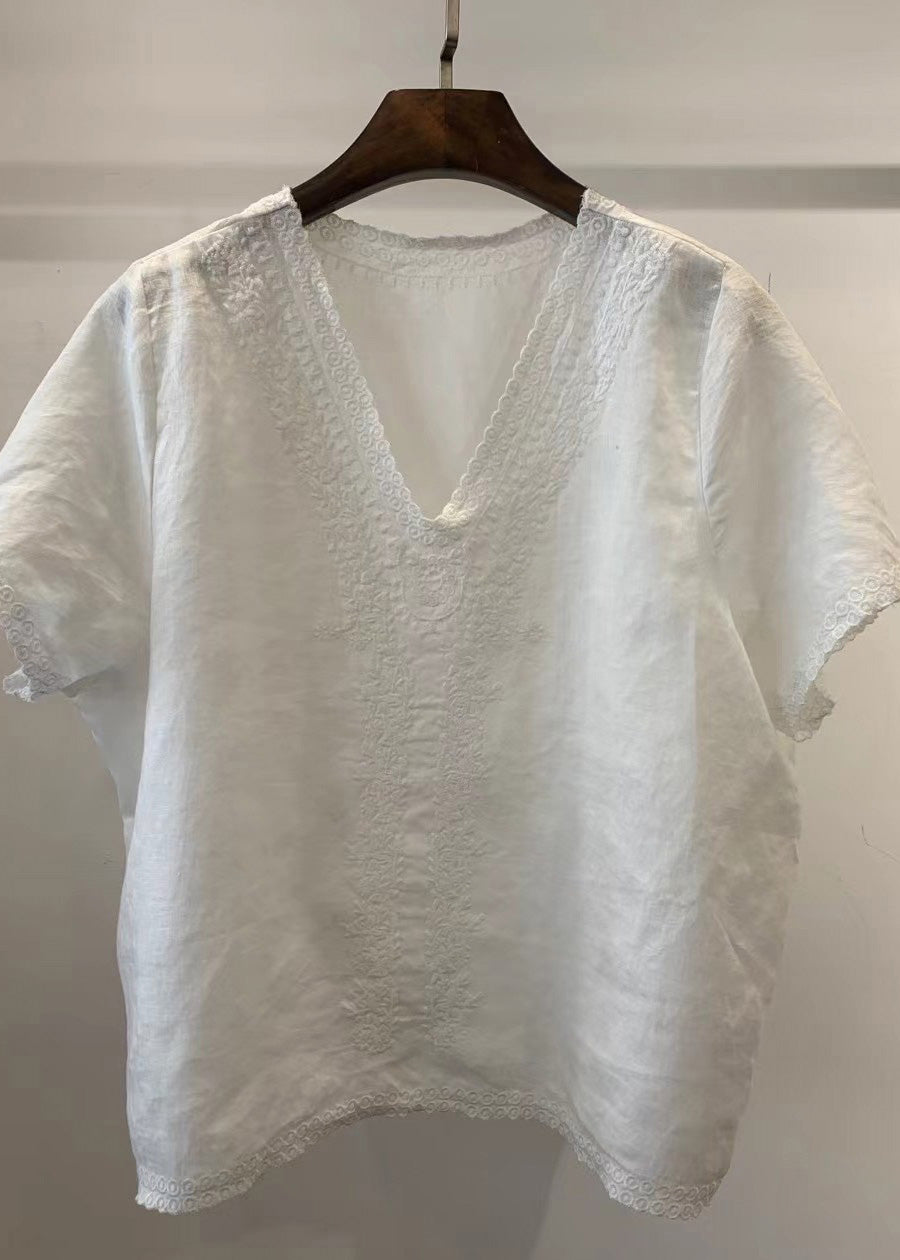 Unique Light Neck Linen Summer Shirt Embroidered V Blue Tops FashionChic