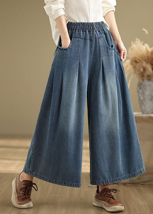 Navy Elastic Waist Summer Leg Wide Pants Unique Wrinkled Denim FashionChic
