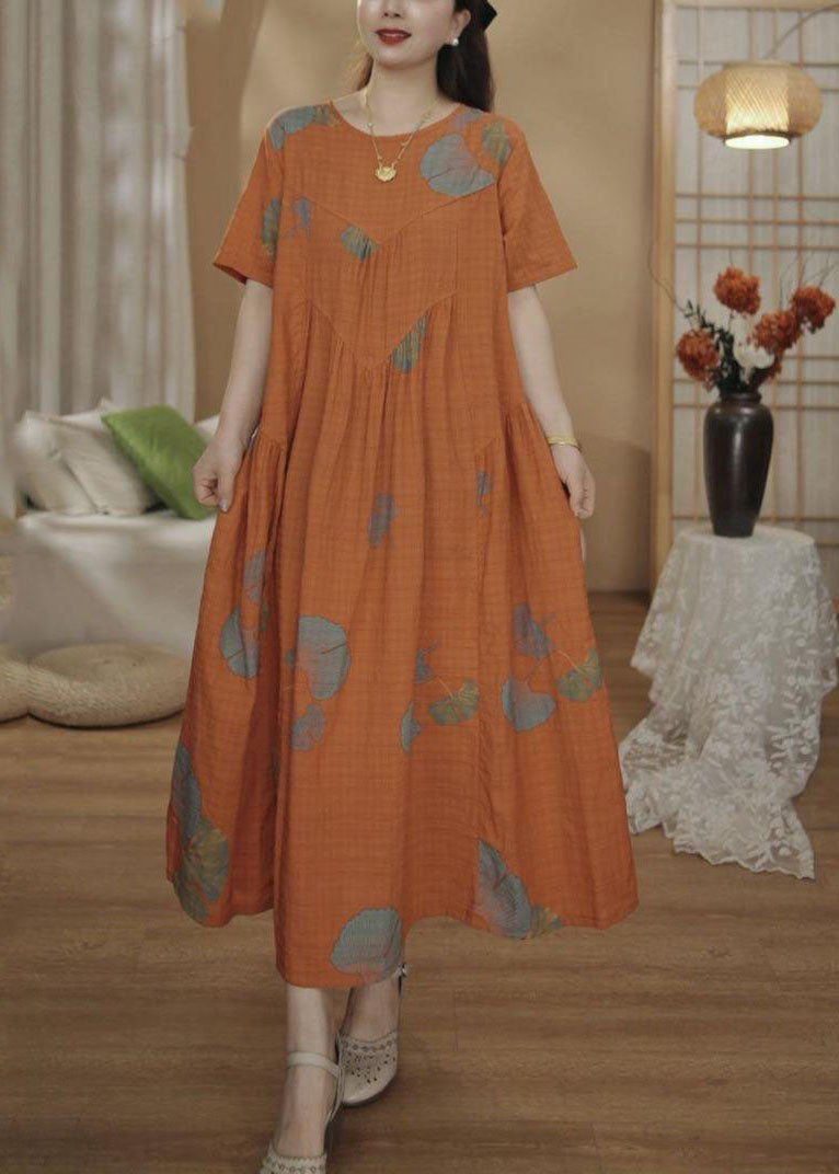 Oversized Dresses Cotton Summer Print Maxi Unique Orange FashionChic