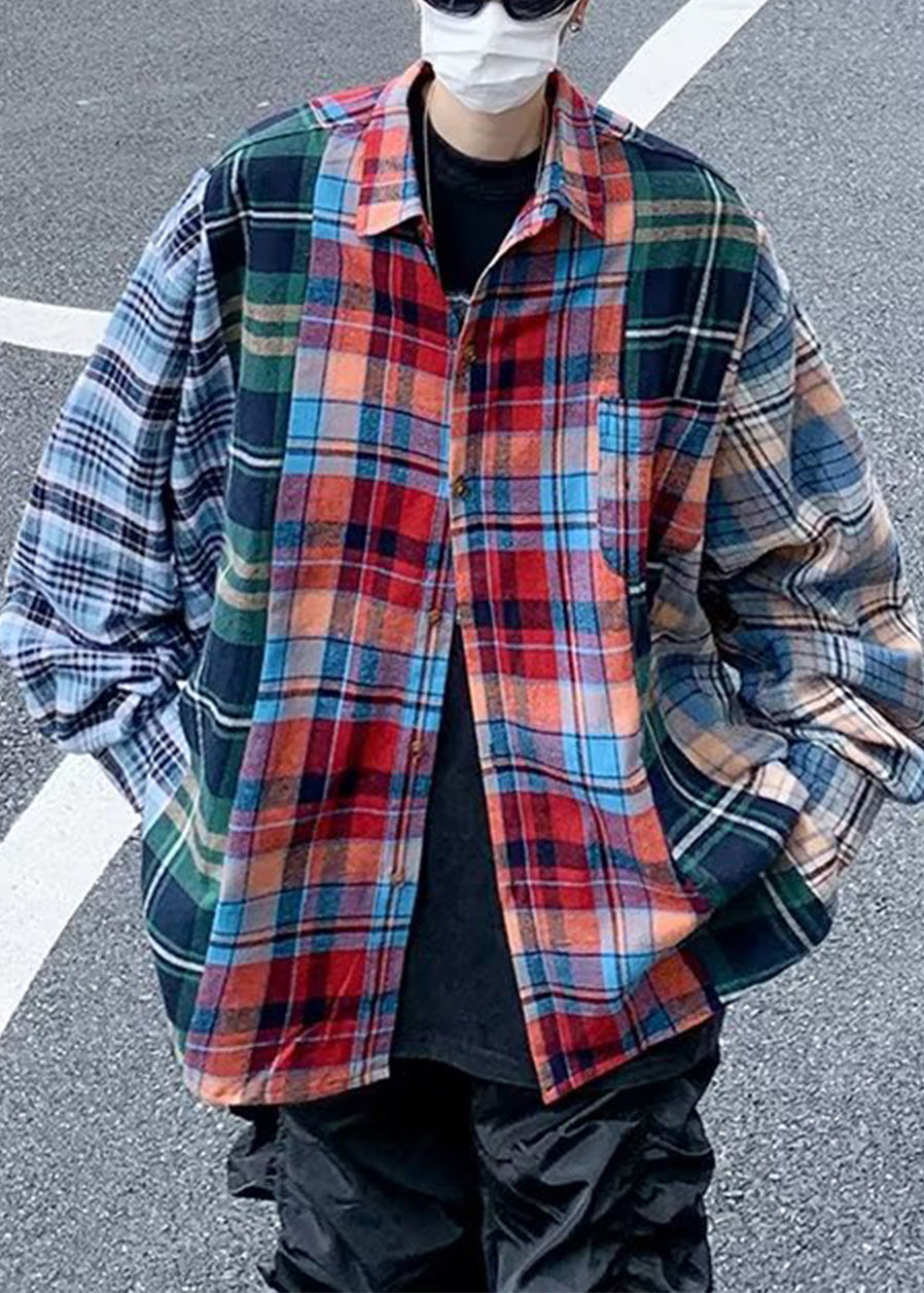 Spring Men Plaid Cotton Shirts Unique Peter Collar Pan Patchwork FashionChic