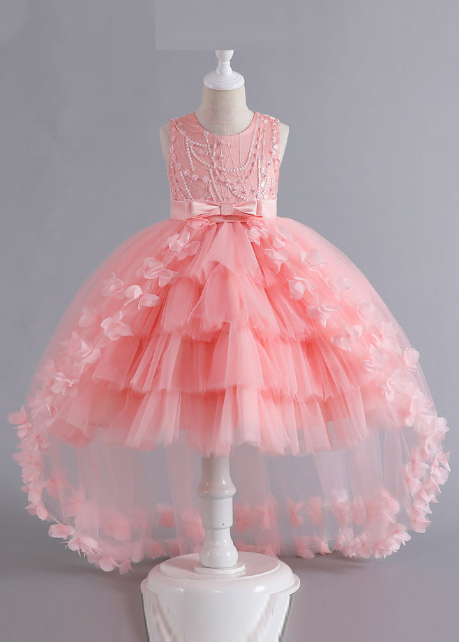 Unique Pink Floral Patchwork Tulle Kids Maxi Dresses Sleeveless YE012 ABC