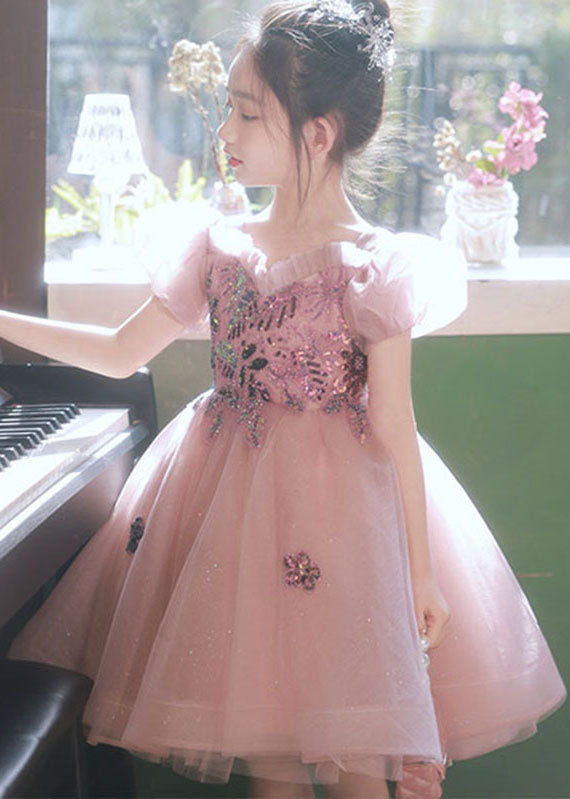 Unique Pink Sequins Patchwork Tulle Kids Long Dress Puff Sleeve YE004 ABC