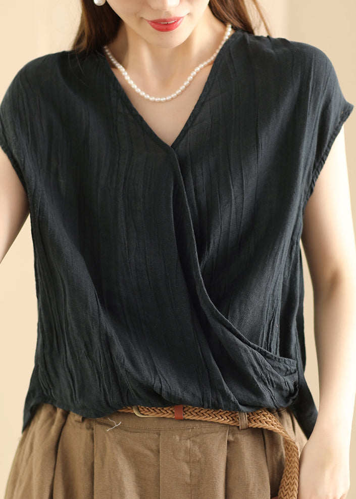 Unique Pink V Neck Wrinkled Cotton T Shirt Summer QK023 BB-STP241022