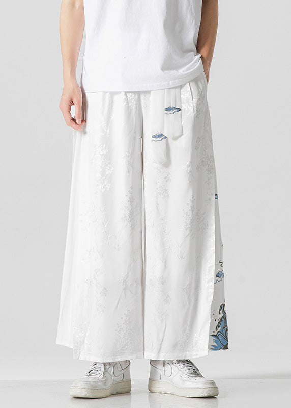 Unique White Oriental Embroideried Pockets Silk Mens Pants Summer YT056 Men-Silk-MENCP240721