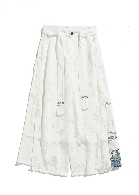 Unique White Oriental Embroideried Pockets Silk Mens Pants Summer YT056 Men-Silk-MENCP240721