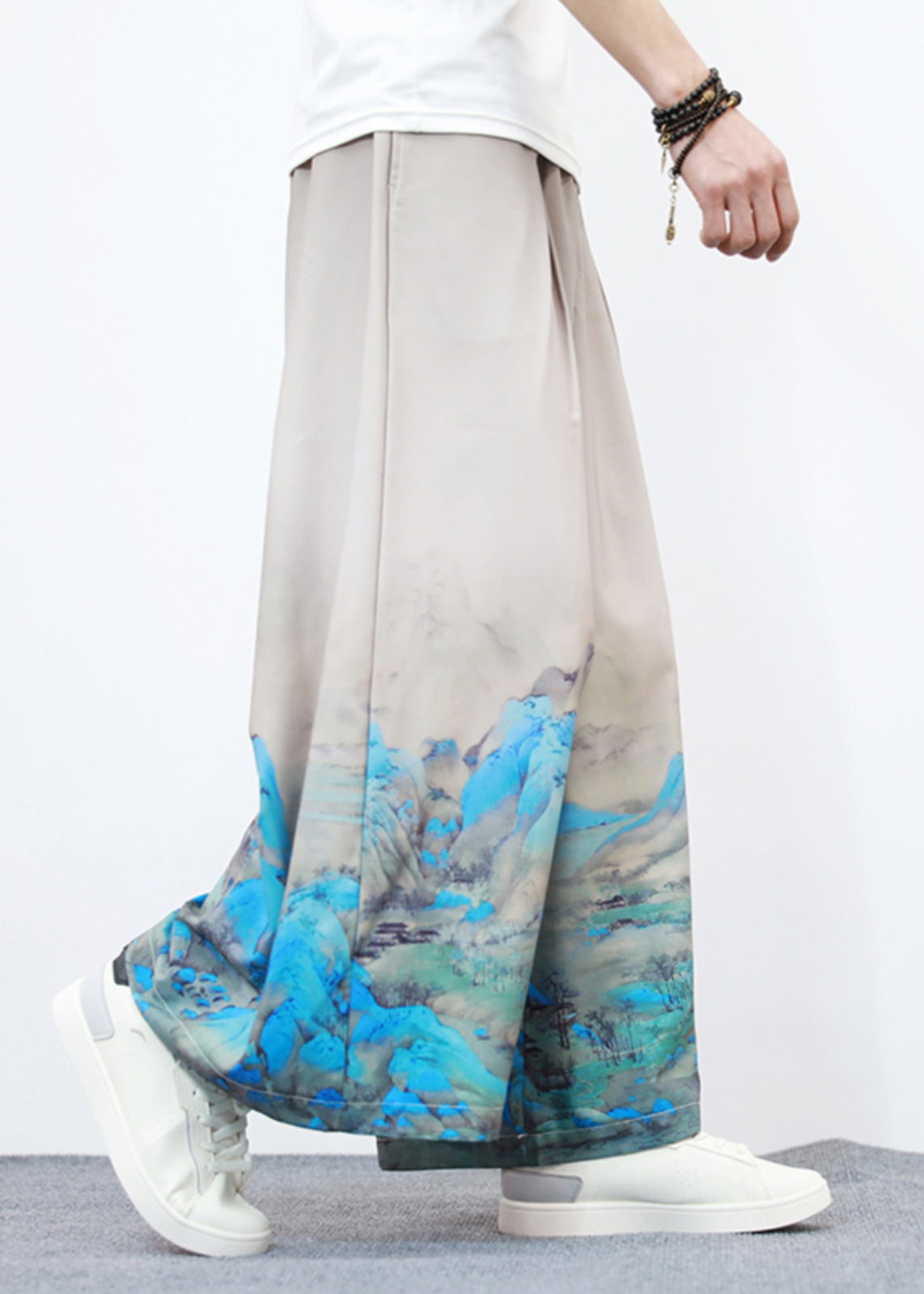 Unique White Pockets Print Ice Silk Mens Wide Leg Pants Summer SA042 Men-casual-MENP240726