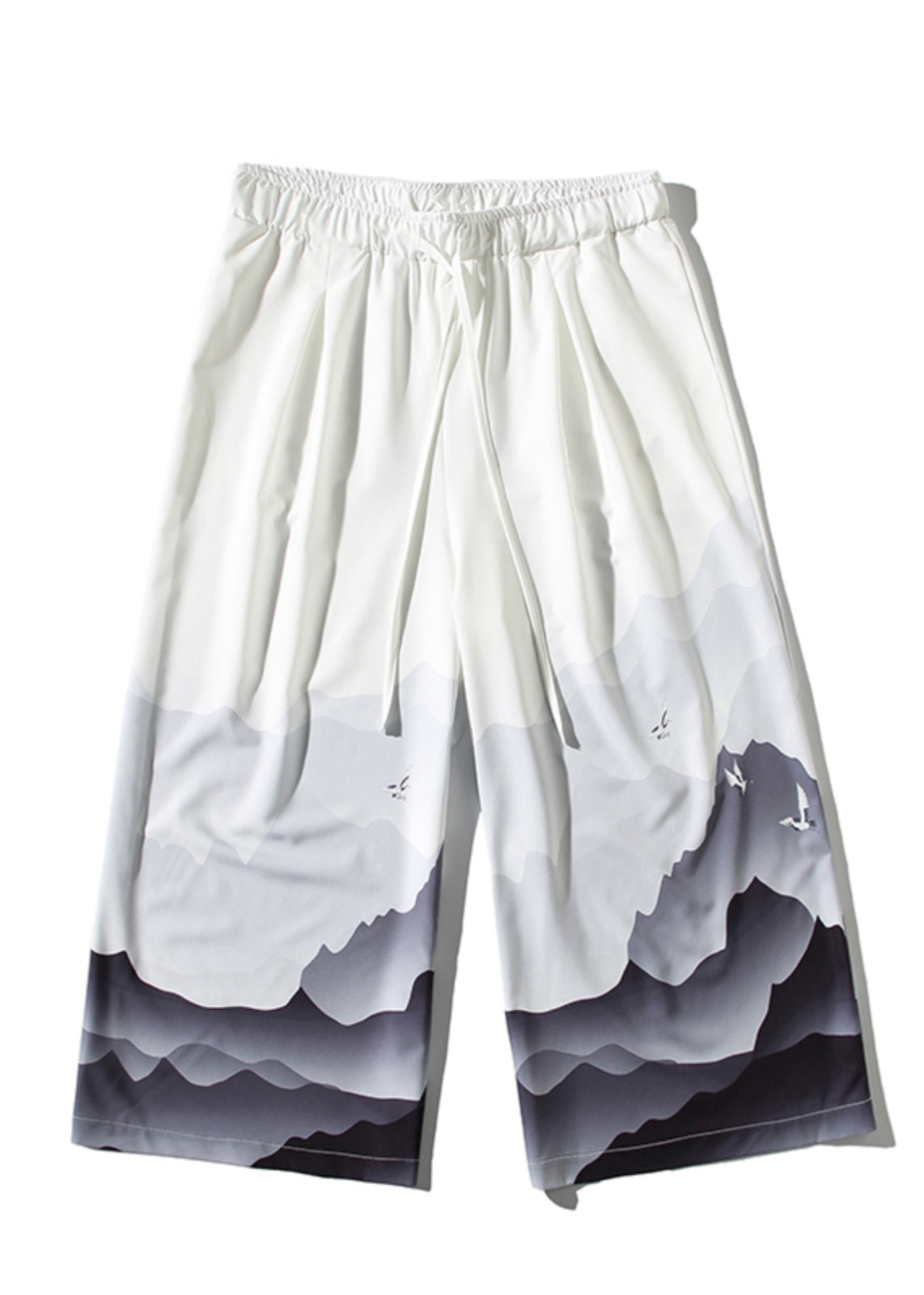 Unique White Pockets Print Ice Silk Mens Wide Leg Pants Summer SA042 Men-casual-MENP240726
