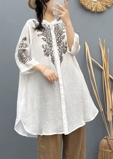 Summer Shirt Linen Apricot Embroidered Vintage Long FashionChic