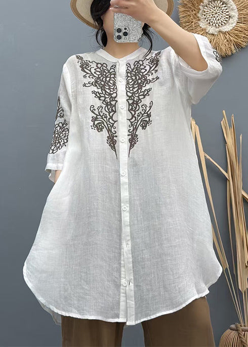 Summer Shirt Linen Apricot Embroidered Vintage Long FashionChic