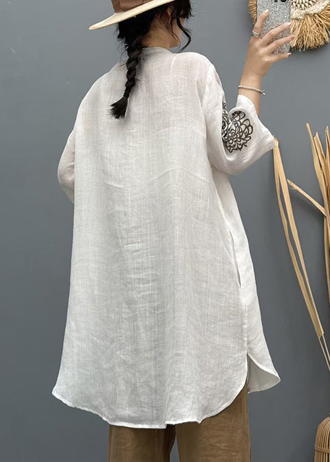 Summer Shirt Linen Apricot Embroidered Vintage Long FashionChic