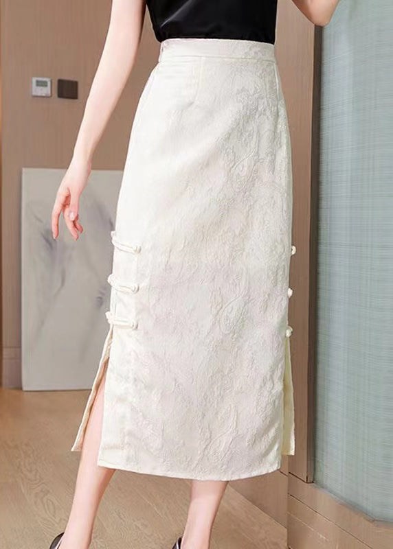 Vintage Apricot Jacquard Chinese Button Side Open Silk Skirts Spring QQ1004 Ada Fashion