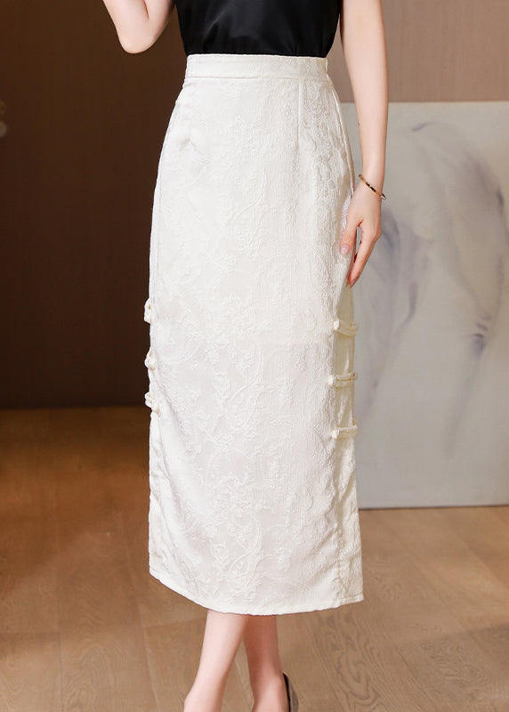 Vintage Apricot Jacquard Chinese Button Side Open Silk Skirts Spring QQ1004 Ada Fashion