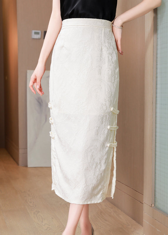 Vintage Apricot Jacquard Chinese Button Side Open Silk Skirts Spring QQ1004 Ada Fashion