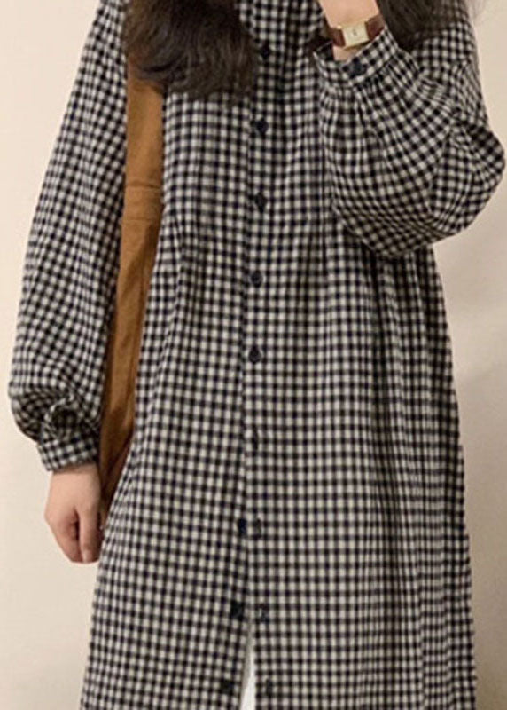 Vintage Apricot Plaid O-Neck Button Long Shirts Dresses Spring VB1058 Ada Fashion