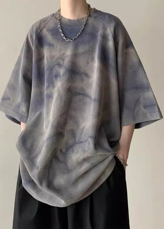 Half Dye Mens Tie O-Neck Army Green Vintage Shirt Cotton Sleeve T FashionChic