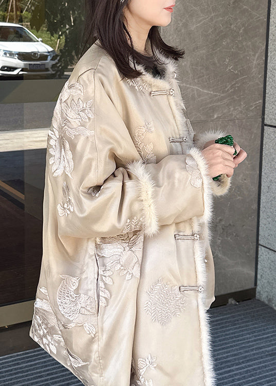 Vintage Beige Embroidered Mink Hair Patchwork Fine Cotton Filled Coat Winter RF002 ABC
