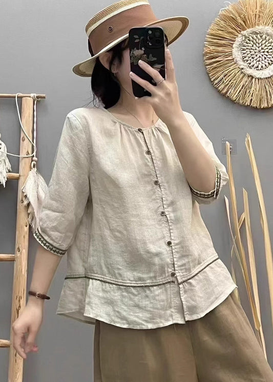 Cotton Shirt Patchwork Top Summer Beige O-Neck Vintage FashionChic