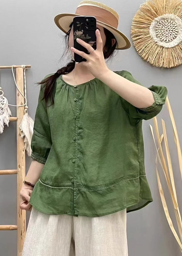 Cotton Shirt Patchwork Top Summer Beige O-Neck Vintage FashionChic
