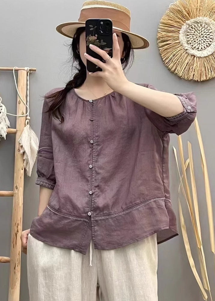 Cotton Shirt Patchwork Top Summer Beige O-Neck Vintage FashionChic