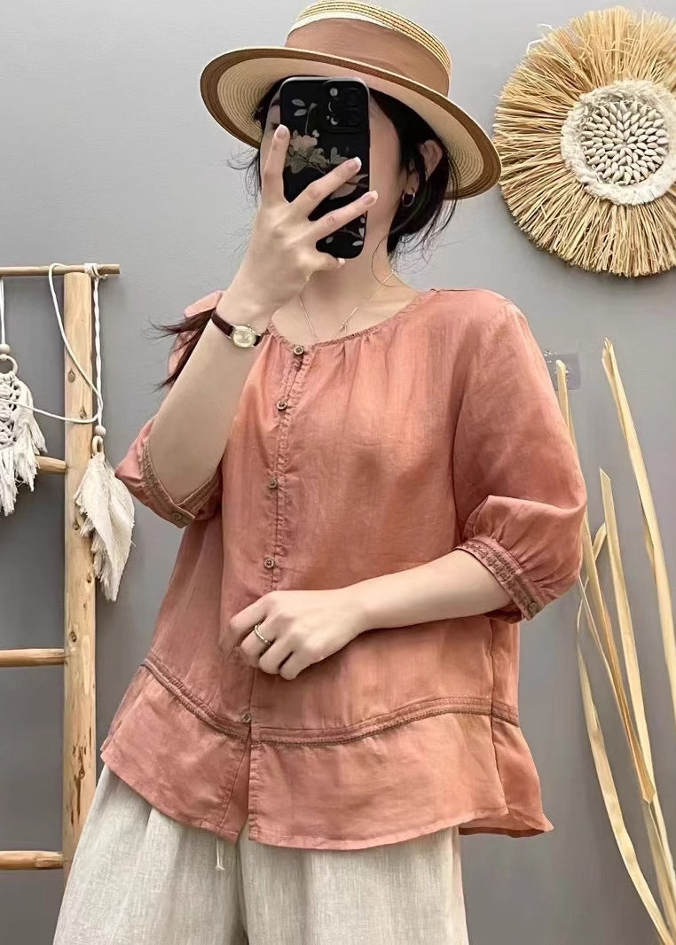 Cotton Shirt Patchwork Top Summer Beige O-Neck Vintage FashionChic