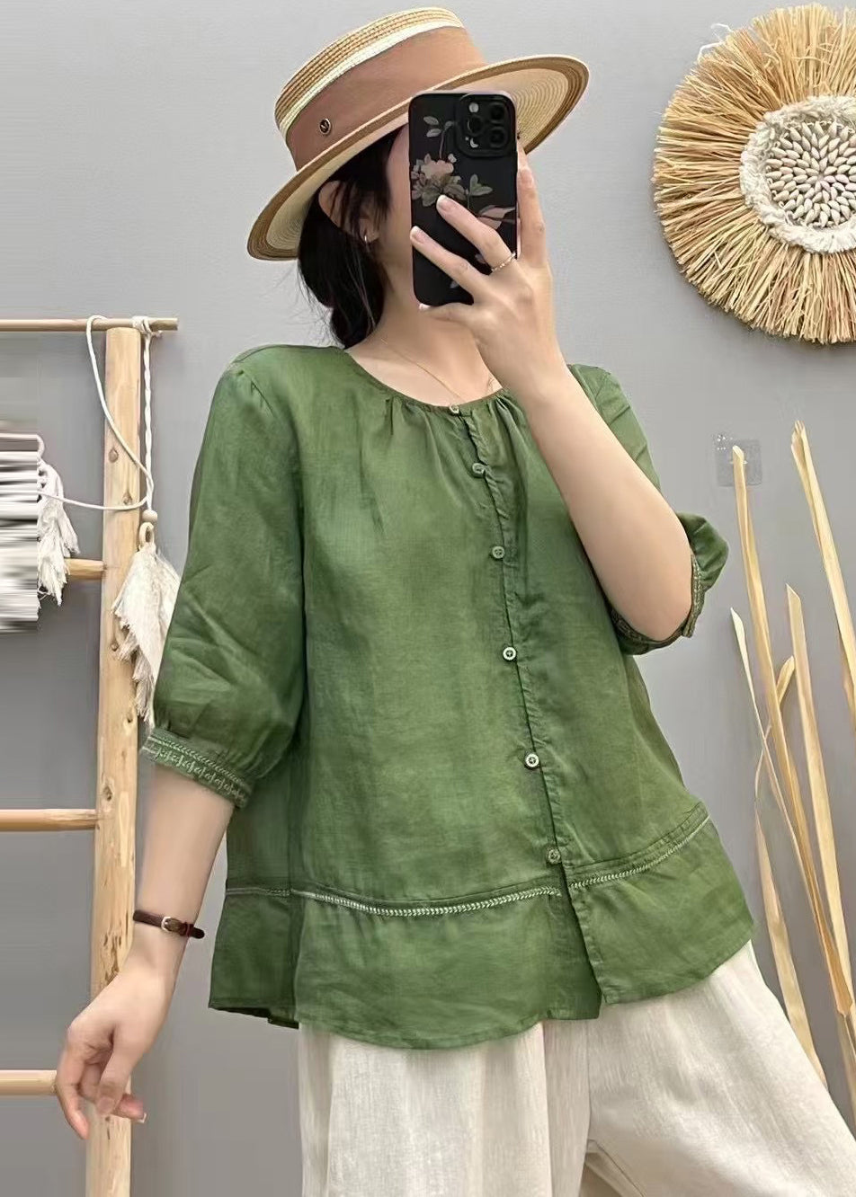 Cotton Shirt Patchwork Top Summer Beige O-Neck Vintage FashionChic