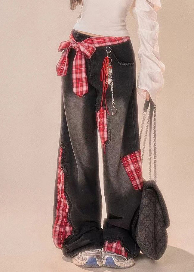 Vintage Leg Patchwork Bow Plaid Wide Black Summer Denim Pants FashionChic