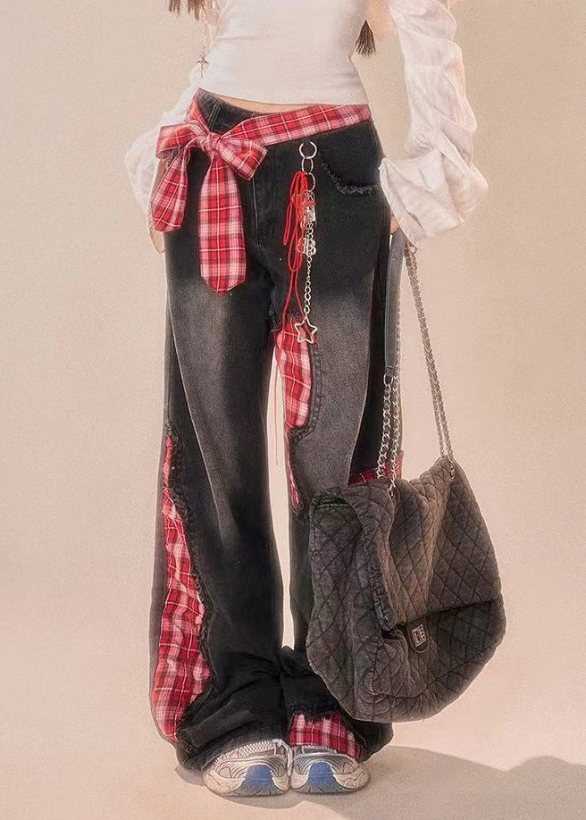 Vintage Leg Patchwork Bow Plaid Wide Black Summer Denim Pants FashionChic