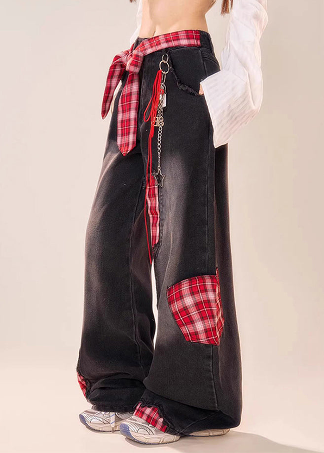 Vintage Leg Patchwork Bow Plaid Wide Black Summer Denim Pants FashionChic