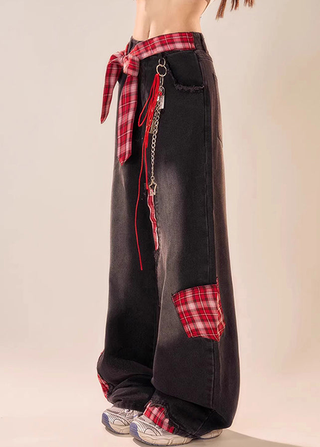 Vintage Leg Patchwork Bow Plaid Wide Black Summer Denim Pants FashionChic