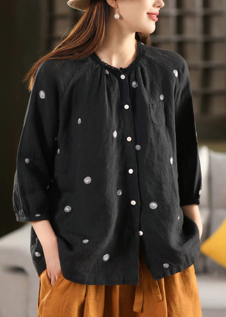 Top Button Embroidered Linen Vintage Summer Blouse Black FashionChic