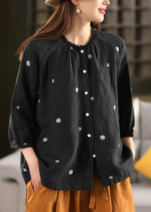 Top Button Embroidered Linen Vintage Summer Blouse Black FashionChic