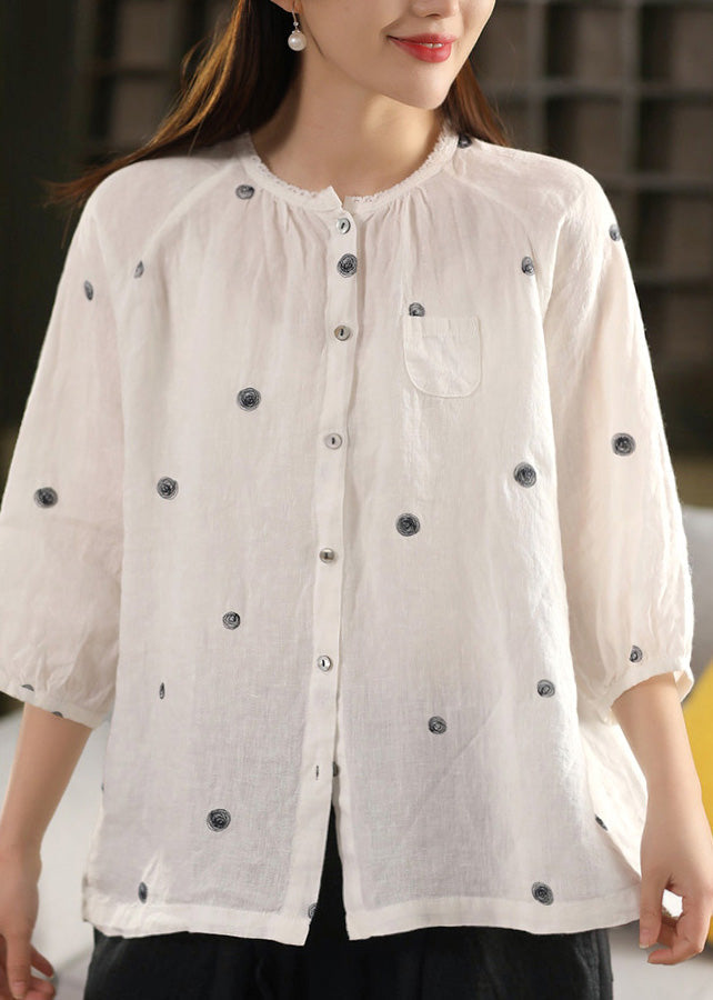 Top Button Embroidered Linen Vintage Summer Blouse Black FashionChic