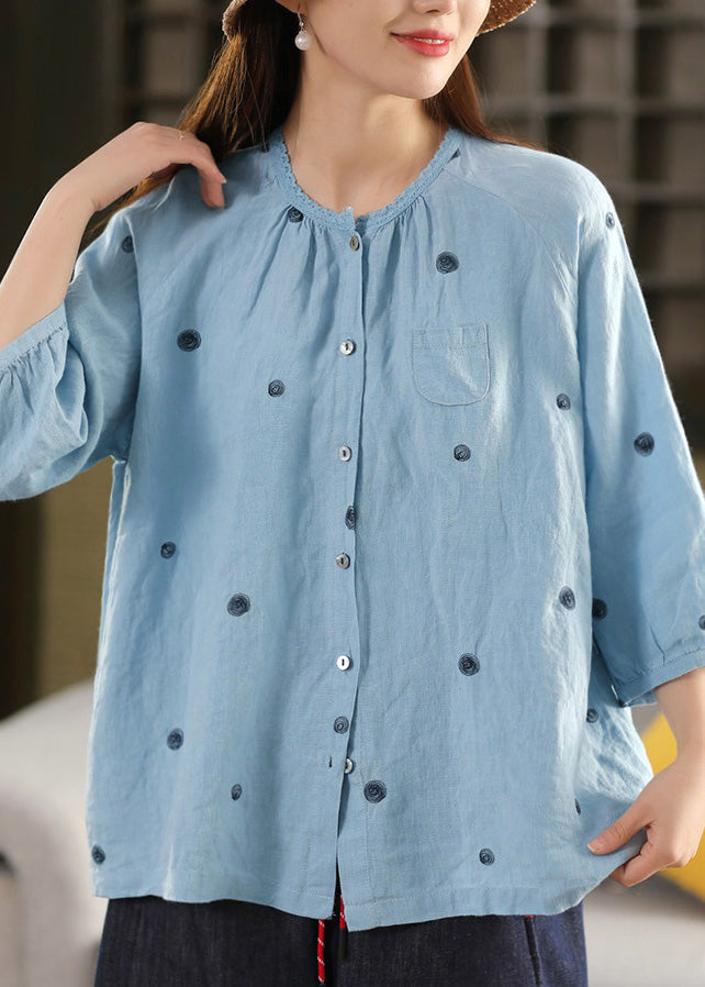 Top Button Embroidered Linen Vintage Summer Blouse Black FashionChic