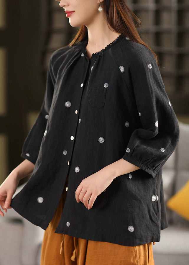 Top Button Embroidered Linen Vintage Summer Blouse Black FashionChic