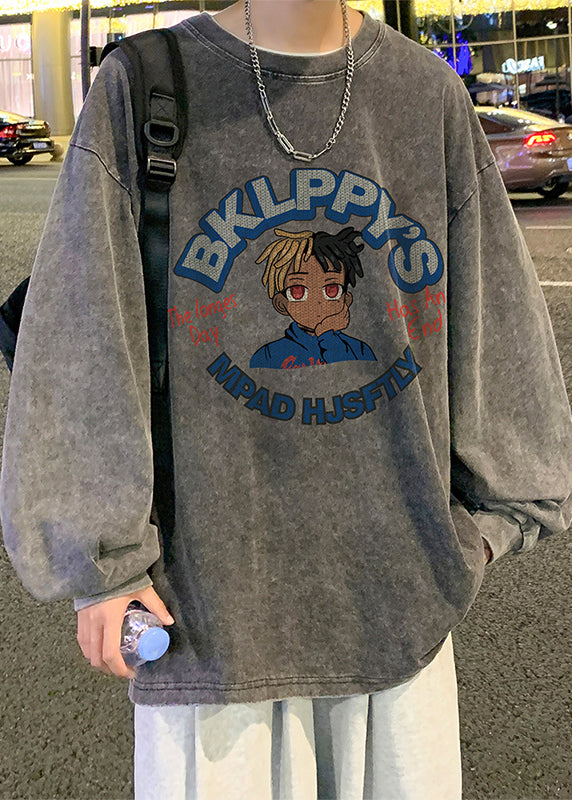 Print Neck Spring Black Vintage O Men Cotton T Shirt FashionChic