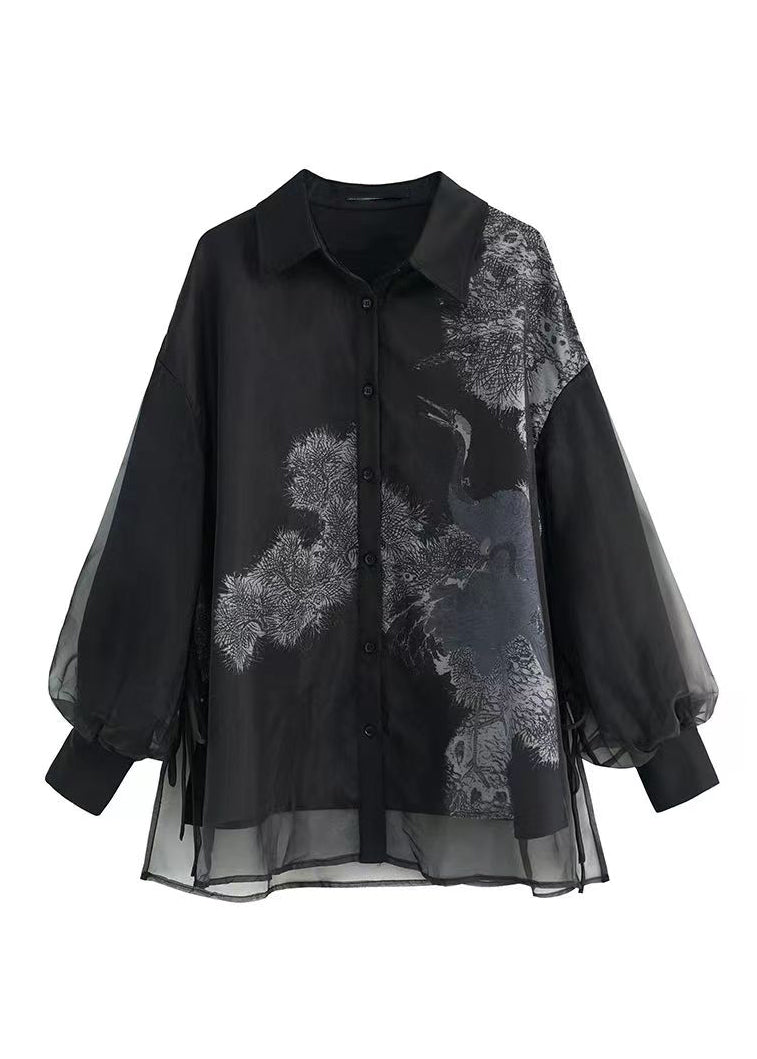 Vintage Black Peter Pan Collar Print Tulle Patchwork Silk Shirts Long Sleeve BV062 MZF-LTP240702