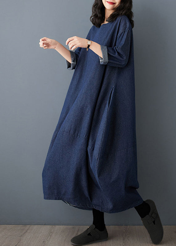Blue Dress Maxi Vintage O-Neck Denim Sleeve Ruffled FashionChic