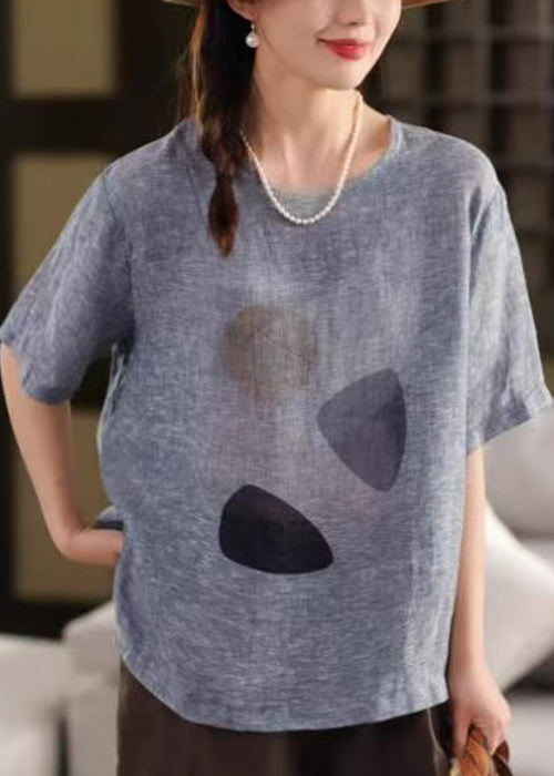 O Neck Print Summer Linen Shirts Vintage T Blue FashionChic