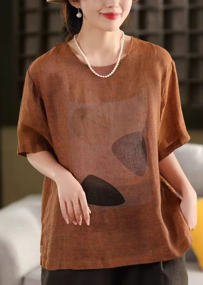 O Neck Print Summer Linen Shirts Vintage T Blue FashionChic