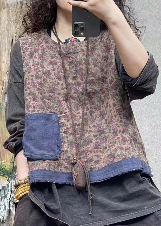 Vintage Blue O-Neck Print Pockets Linen Waistcoat Sleeveless VV011 HS-VTP240627