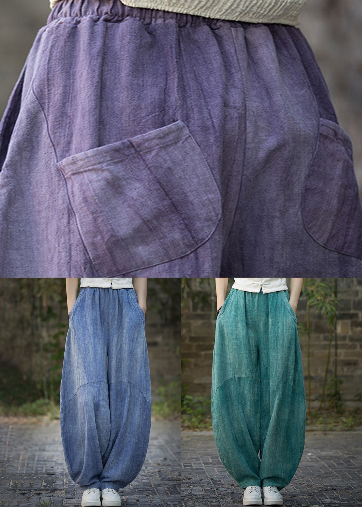 Vintage Blue Pockets High Waist Linen Summer Pants QE021 MZF-LPTS240927