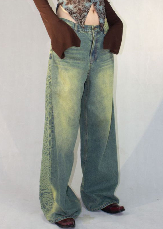 Vintage Blue Print Pockets High Waist Denim Pants Fall QF052 Men-LPTS241016