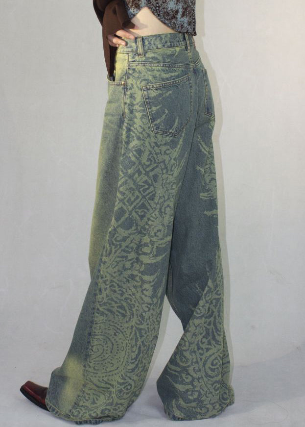 Vintage Blue Print Pockets High Waist Denim Pants Fall QF052 Men-LPTS241016