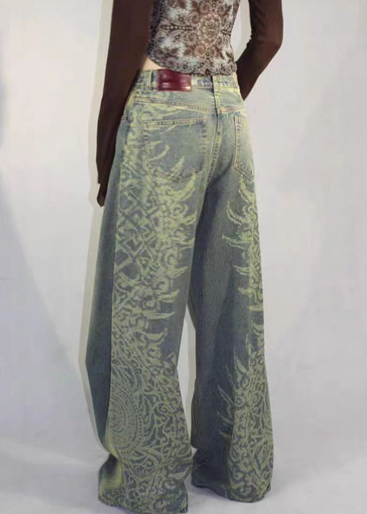 Vintage Blue Print Pockets High Waist Denim Pants Fall QF052 Men-LPTS241016