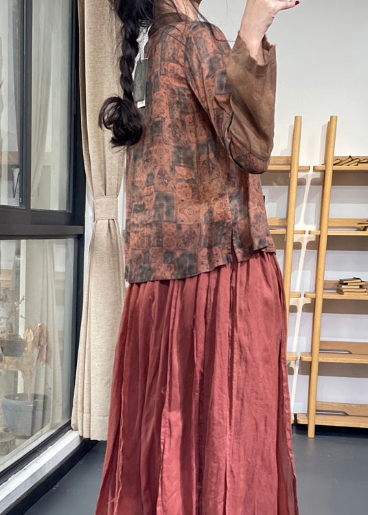 Vintage Blue Stand Collar Print Chinese Button Ramie Linen Top Long Sleeve OO001 OM-CS240816