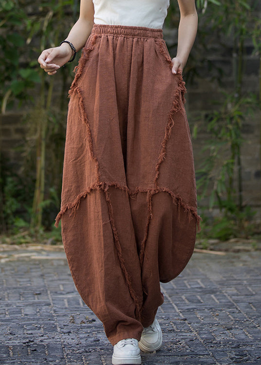 Vintage Brick Red Pockets High Waist Linen Pants Summer QE040 MZF-LPTS240927