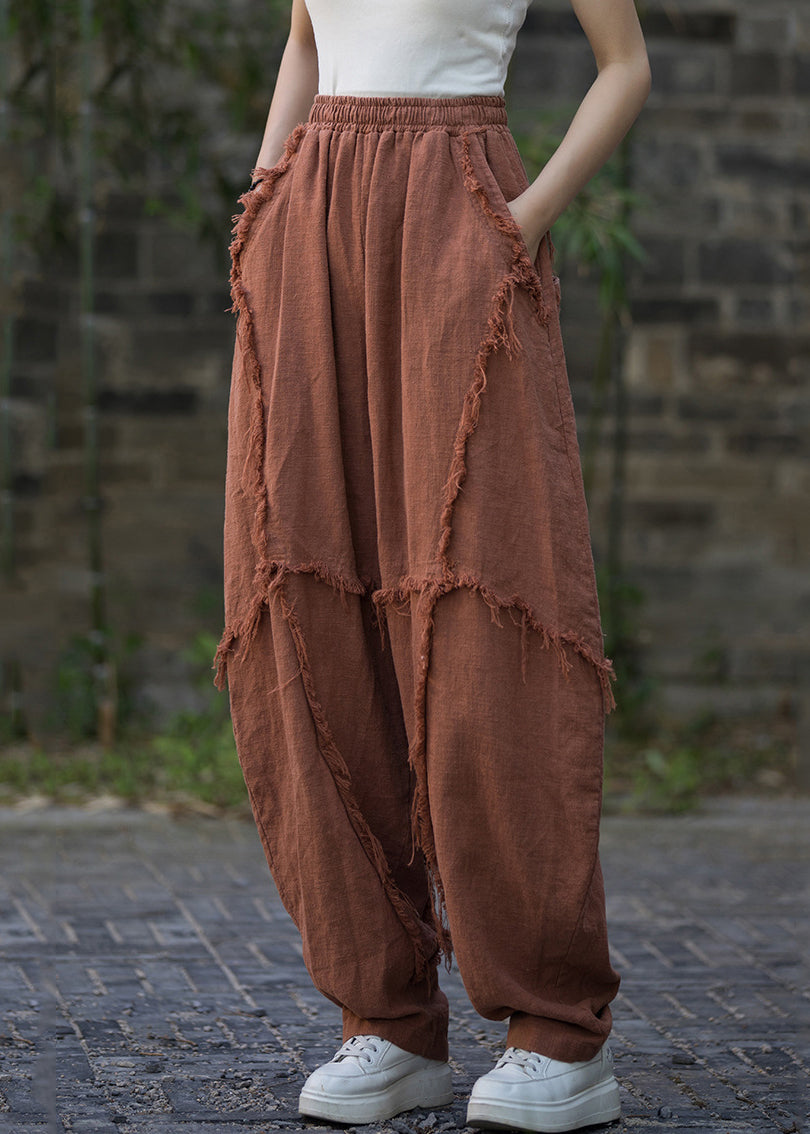 Vintage Brick Red Pockets High Waist Linen Pants Summer QE040 MZF-LPTS240927