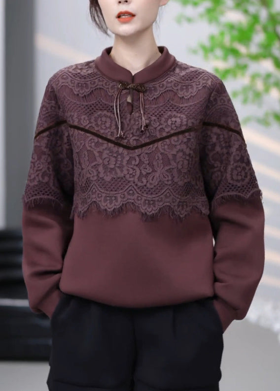 Vintage Brown Lace Patchwork Cotton Sweatshirt Winter RL001 ABC