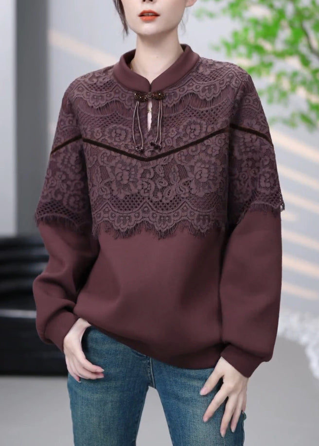Vintage Brown Lace Patchwork Cotton Sweatshirt Winter RL001 ABC